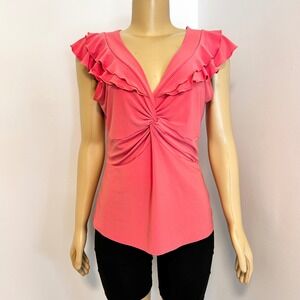 Suzie in the City Coral Pink Ruffle Cap Sleeve Twist Front V-Neck Blouse PXL